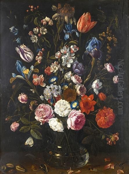 A Still Life Of Tulips, Irises, 
Apple Blossom,roses, Convolvulus, Gooseberries And Other Flowers In A 
Glass Vasewith Shells, Caterpillars, A Dragonfly And Other Insects Oil Painting by Jan van Kessel