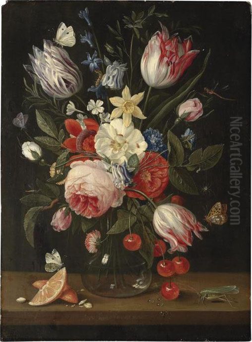 Tulips, Peonies, Cornflowers, 
Roses And Other Flowers In A Glassvase With Cherries And Orange Segments
 On A Wooden Ledge Andbutterflies, Grasshoppers, Spiders And Dragonflies Oil Painting by Jan van Kessel