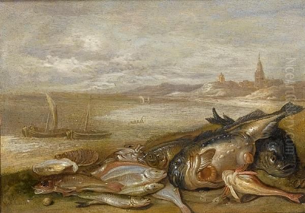 A Still Life Of Various Fish And
 Crustacea Ona Beach, With Fishing Boats And A Town Beyond Oil Painting by Jan van Kessel