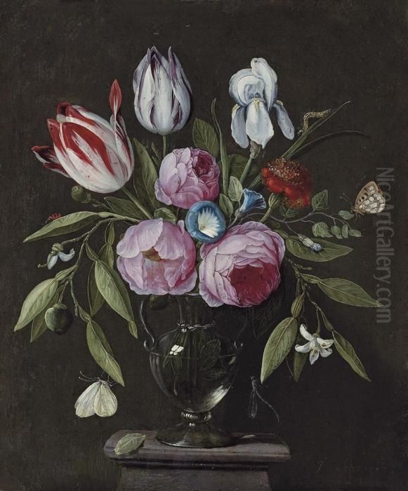 Roses, Tulips, An Iris And Other
 Flowers, In A Glass Vase On Astone Plinth, With Butterflies And Other 
Insects Oil Painting by Jan van Kessel