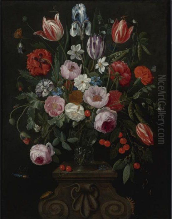 Still Life Of Tulips, Roses, A 
Whitish Iris, Cherries, Peas And Other Flowers In A Roemer Surrounded By
 Numerous Insects On A Carved Stone Plinth Oil Painting by Jan van Kessel