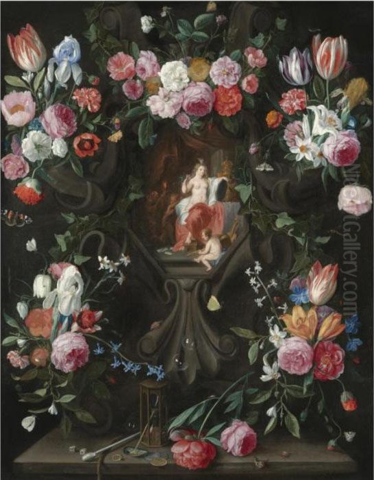 A Garland Of Flowers, Including 
Irises, Parrot Tulips And Roses, Surrounding A Stone Niche Inset With A 
Vanitas Scene Oil Painting by Jan van Kessel
