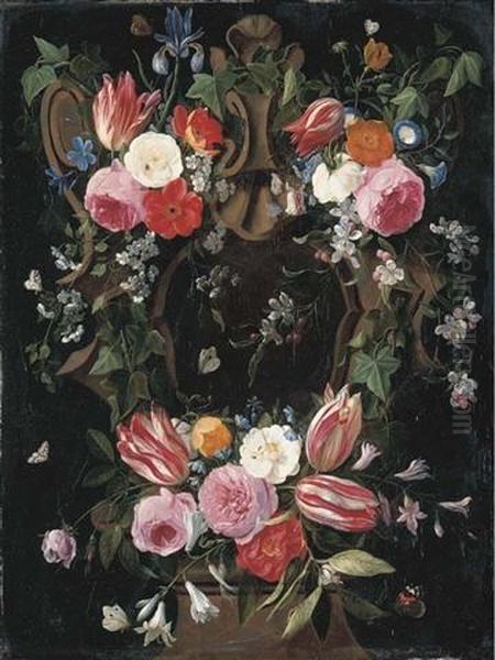 A Garland Of Tulips, Roses, 
Morning Glory, An Iris, Clematis And Other Flowers Surrounding A 
Sculpted Stone Cartouche With A Red Admiral, A Common Blue And Other 
Butterflies And Insects Oil Painting by Jan van Kessel