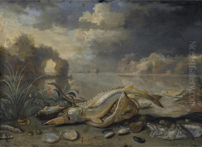 Sturgeon And Thornback Ray With A
 Cod Oysters Mussels And Other Fish On A 
Seashore A Ship In The Distance Oil Painting by Jan van Kessel