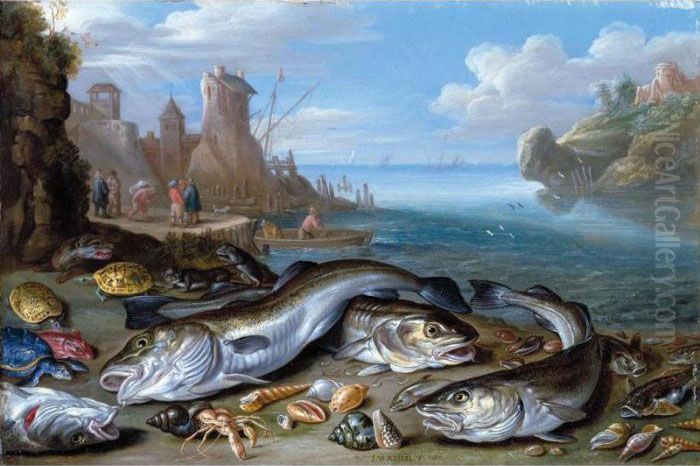A Harbour Scene With Fish, 
Crustaceans, Tortoises And Turtles And Otters On A Beach, A Harbour 
Beyond Oil Painting by Jan van Kessel