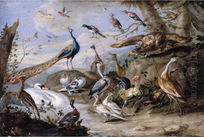 An Eagle, Peacocks, Doves, 
Herons, A Cockerel, A Hen, A Mallard, A Swan And Other Birds On A 
Riverbank Oil Painting by Jan van Kessel