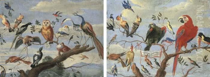A Concert Of Birds: An Owl, 
Pidgeon, Canary, Peacock And Other Birds On A Tree Branch; Bluebirds, A 
Parrot, A Macaw, A Tucan And Other Birds On A Tree Branch Oil Painting by Jan van Kessel