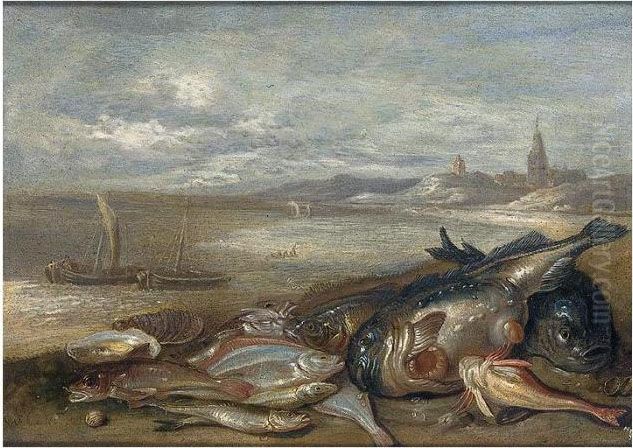 A Still Life Of Various Fish And
 Crustaceans On A Beach, With Fishing Boats And A Town Beyond Oil Painting by Jan van Kessel