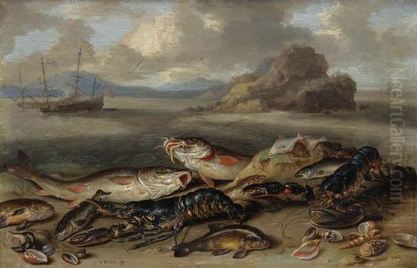 Lobsters, Red Mullet, Halibut, 
Flounder And Other Fish, With Sea Shells On A Beach, Shipping Beyond Oil Painting by Jan van Kessel