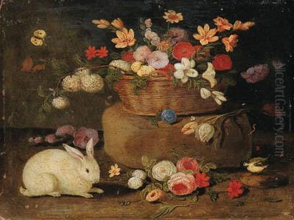 Roses, Dahlias, Paeonies, Tulips
 And Other Flowers In A Basket On Astone Seat, With A White Rabbit, A 
Great Tit And A Butterfly Oil Painting by Jan van Kessel