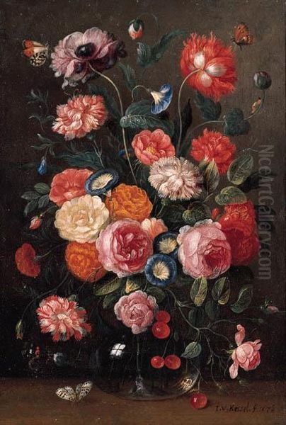 Roses, Carnations, Morning 
Glory, A Poppy And A Sprig Of Cherriesin A Glass Vase, A Wall Brown, An 
Orange Tip, A Red Admiral And Amagpie Butterfly On A Table Oil Painting by Jan van Kessel