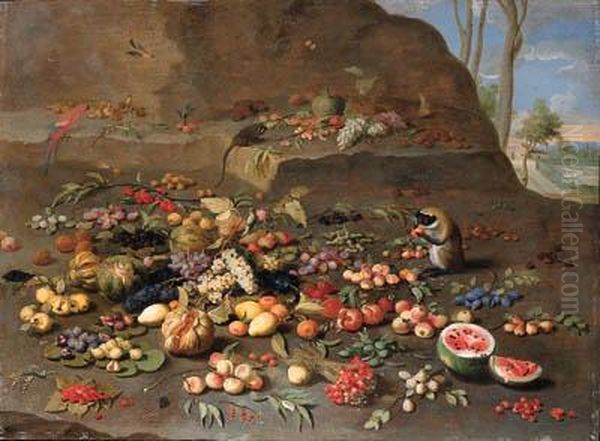 Apples, Peaches, Oranges, 
Melons, Pomegranates, Plums, Cherries,figs, Grapes, Pears, A Water Melon
 And Other Fruit On A Hillsidewith Monkeys, A Parrot And A Jay, A Villa 
And A Formal Gardenbeyond Oil Painting by Jan van Kessel
