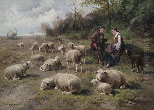Shepherds With Their Flock Oil Painting by Cornelis van Leemputten