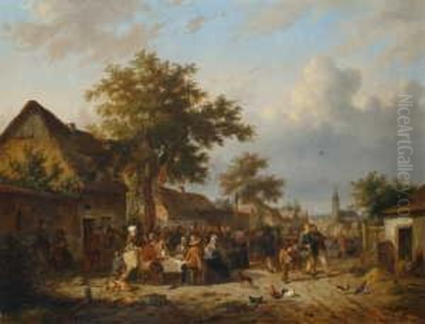 Dorfliches Strassenfest. 
Signiert Unten Links: C. Van Leemputten. Ol Auf Leinwand (doubliert). H 
63; B 83 Cm. Oil Painting by Cornelis van Leemputten