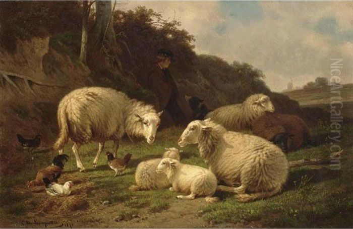A Shepherd With Sheep In A Summer Landscape Oil Painting by Cornelis van Leemputten