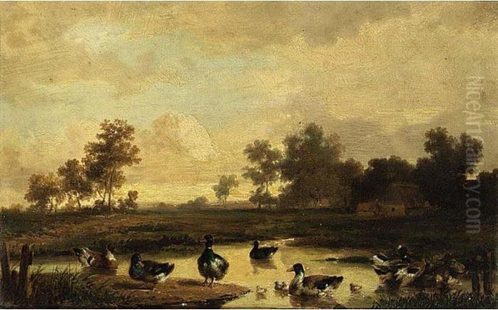 Ducks With Ducklings In A Pool Oil Painting by Cornelis van Leemputten