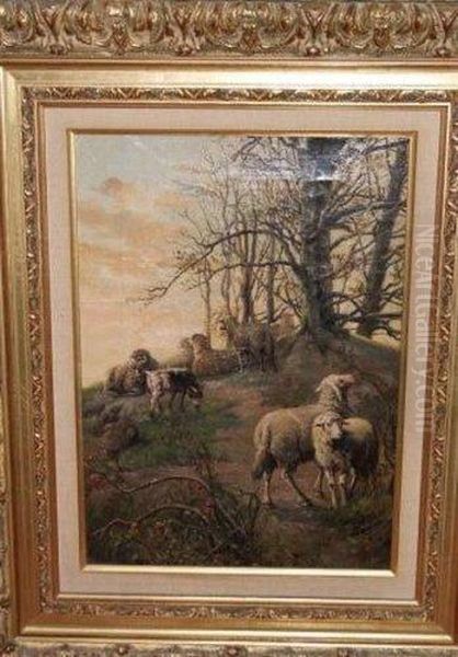 Moutons Au Pre Oil Painting by Jef Louis Van Leemputten