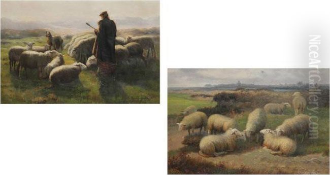 Schapenherder, 
Ruggelings Met Kudde Oil Painting by Jef Louis Van Leemputten