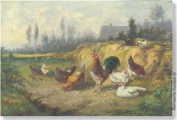 Cock Withchickens Oil Painting by Jef Louis Van Leemputten