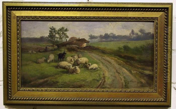 Category: Painting
 Description:kudde Schapen Aan Een Landweg. Oil Painting by Jef Louis Van Leemputten