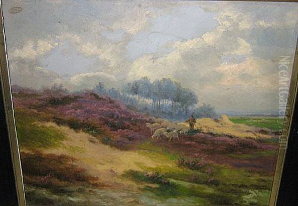 Herder En Schapen In Een Landschap. Oil Painting by Jef Louis Van Leemputten