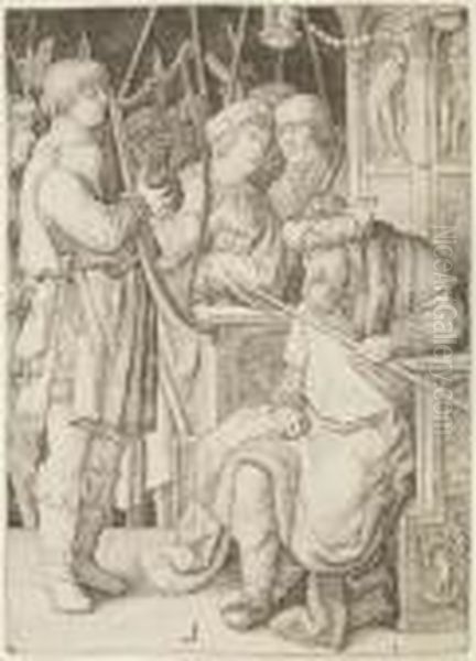 David Playing The Harp Before Saul Oil Painting by Lucas Van Leyden