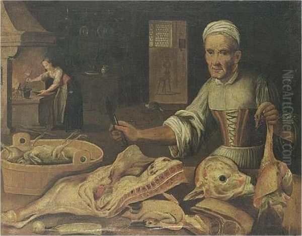 A Kitchen Still Life With A Maid
 Chopping Meat, A Duck, Meat And Chickens In A Basket All On A Table Oil Painting by Lucas Van Leyden