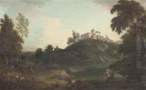 An Italianate Wooded River 
Landscape With Figures Conversing On Abank, A Town On A Hill Beyond Oil Painting by Hendrik Frans van Lint (Studio Lo)