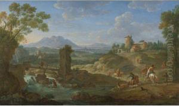 Elegant Hunting Party In An Extensive Landscape With Mountainsbeyond Oil Painting by Hendrik Frans van Lint (Studio Lo)