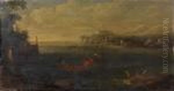 Putti Sur Un Bateau Au Bord Du Rivage Et Putti Allant Nager Oil Painting by Hendrik Frans van Lint (Studio Lo)