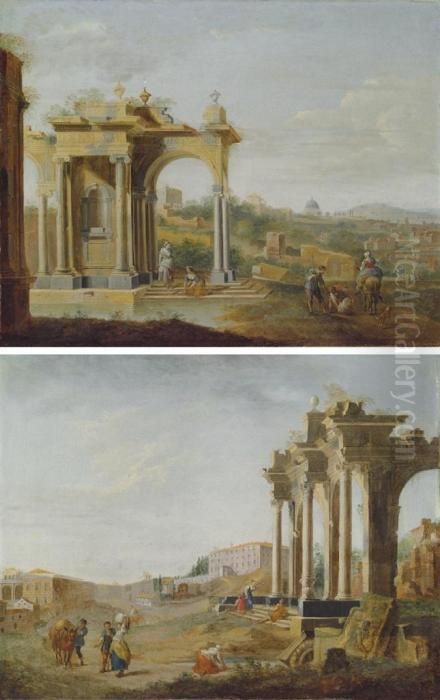 An Extensive Landscape With 
Women In The Ruins Of A Classical Building And Travellers On A Track; 
And A Landscape With Travellers And Other Figures By The Ruins Of A 
Classical Building Oil Painting by Hendrik Frans van Lint (Studio Lo)