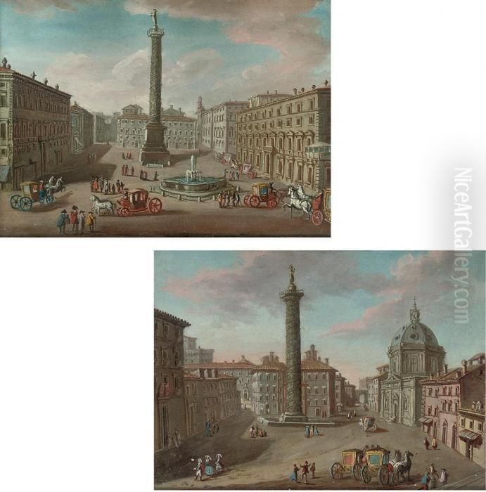 A View Of The Piazza Colonna, 
Rome, With The Column Antoninus; And A View Of The Piazza Colonna, Rome,
 With Trajan's Column And Santa Maria Di Loreto Oil Painting by Hendrik Frans van Lint (Studio Lo)