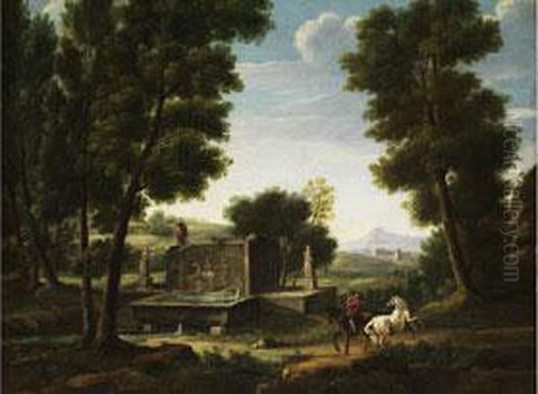 Sudliche Ideallandschaft Mit Antikem Brunnen Und Reiter Oil Painting by Hendrik Frans van Lint (Studio Lo)