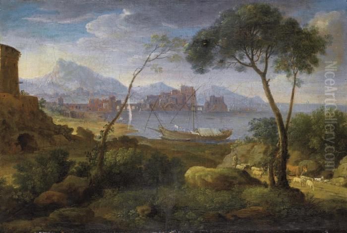 Paesaggio Costiero Con Pastore E Animali Oil Painting by Hendrik Frans van Lint (Studio Lo)