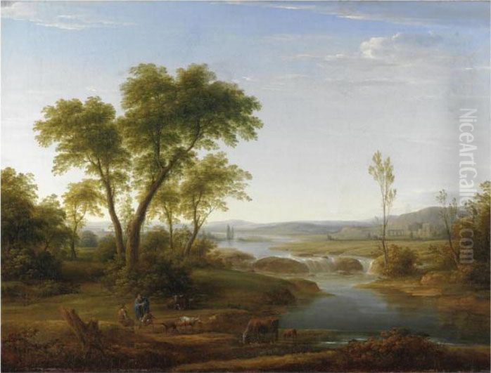 Paesaggio Fluviale Con Figure E Animali Oil Painting by Hendrik Frans van Lint (Studio Lo)
