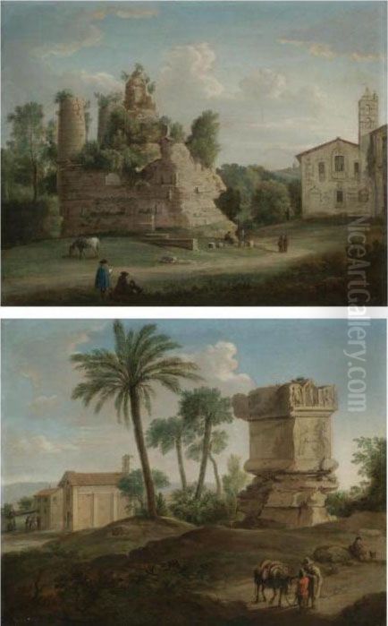 A View Of An Ancient Tomb (the 
So-called 'tomb Of The Horatii And Curiatii Brothers') At Albano;
 A View Of The Tomb Of Vibius Marianus (the So-called 'tomb Of Nero') On
 The Via Cassia, Rome Oil Painting by Hendrik Frans van Lint (Studio Lo)