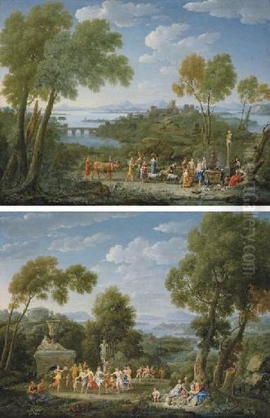 An Extensive Italianate 
Landscape With A Sacrifice Before A Term Of Pan; And An Extensive 
Italianate Landscape With A Bacchic Revel Oil Painting by Hendrik Frans van Lint (Studio Lo)