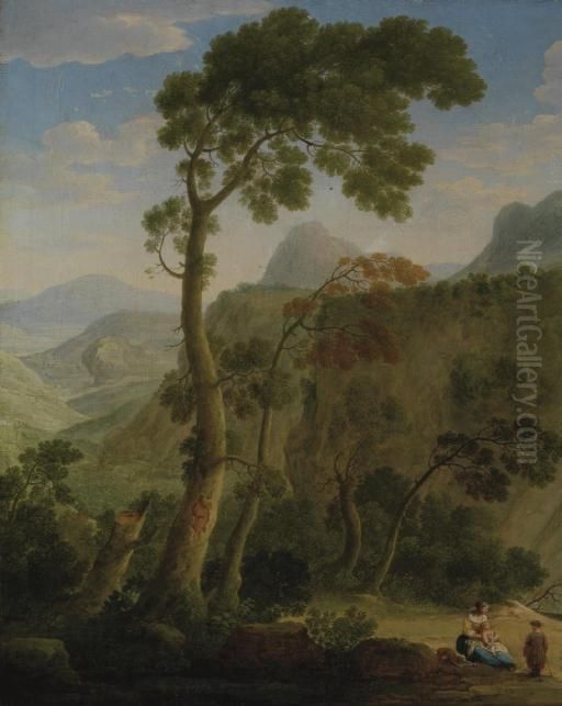 A Mountainous Landscape With A Mother And Her Children Resting Oil Painting by Hendrik Frans van Lint (Studio Lo)