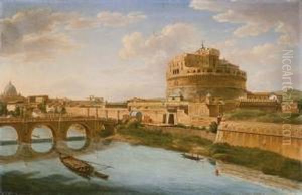 The Tiber, Rome, With The Ponte 
And Castel Sant' Angelo, The Basilica Of St. Peter's Beyond Oil Painting by Hendrik Frans van Lint (Studio Lo)