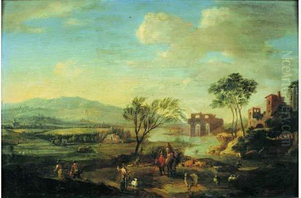 Paysage Montagneux Avec Des Ruines, Anime De Personnages Oil Painting by Hendrik Frans van Lint (Studio Lo)