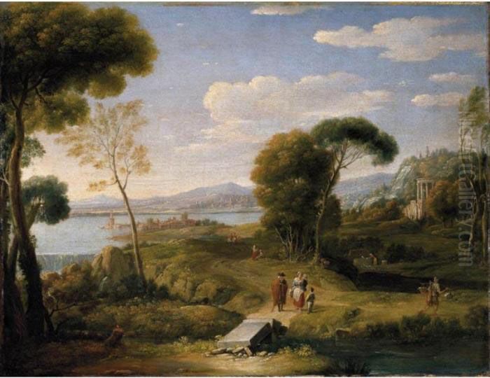 An Extensive Classical Landscape
 With Figures On A Road Before A Fortified Lakeside Town, A Temple 
Beyond Oil Painting by Hendrik Frans van Lint (Studio Lo)