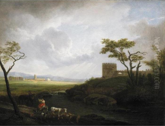 Paesaggio Della Campagna Romana Con Figure, Animali E Un Castello Oil Painting by Hendrik Frans van Lint (Studio Lo)