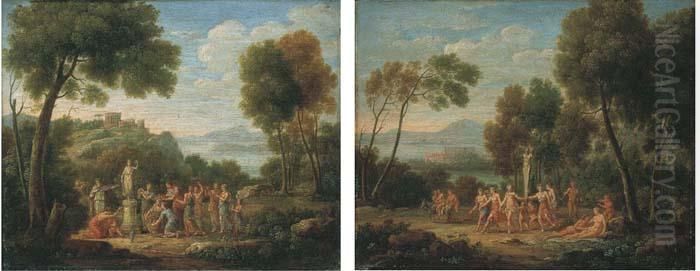 Bacchantes Dansant Autour D'une 
Statue De Pan, Silene Au Fond; Et Ceremonie D'offrandes A Une Deesse Oil Painting by Hendrik Frans van Lint (Studio Lo)