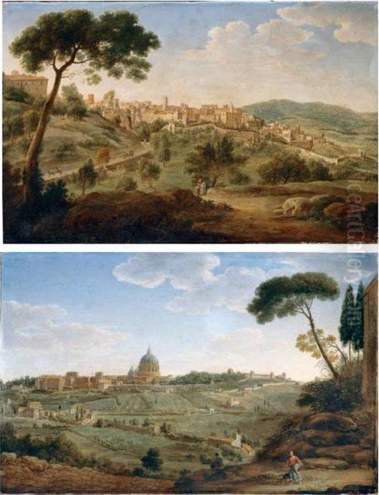 A View Of A Hilltop Town In The Roman Campagna;
 A View Of Saint Peter's Basilica And The Vatican Oil Painting by Hendrik Frans van Lint (Studio Lo)