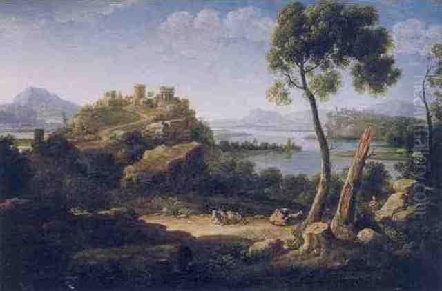 Veduta Fantasiosa Con Un Promontorio Su Di Un Corso D'acqua Oil Painting by Hendrik Frans van Lint (Studio Lo)