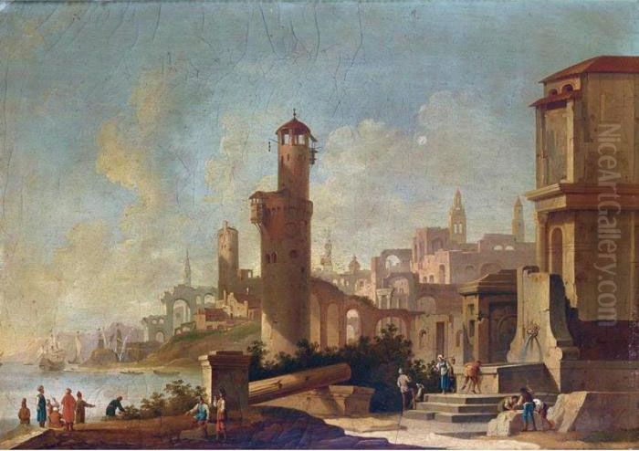 A Coastal Town With Figures 
Collecting Water From A Fountain, Orientals Conversing On The Shore Oil Painting by Hendrik Frans van Lint (Studio Lo)