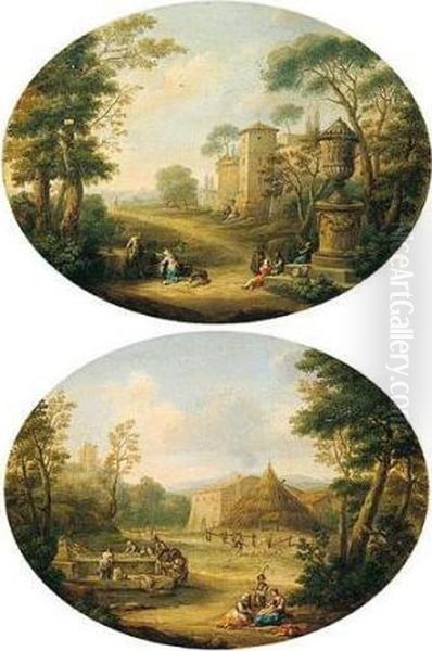 Southern Landscapes With Figures
 At A Fountain Near A Farm And Figures Resting Beside A Classical Urn On
 A Road Outside A Town Wall Oil Painting by Hendrik Frans van Lint (Studio Lo)
