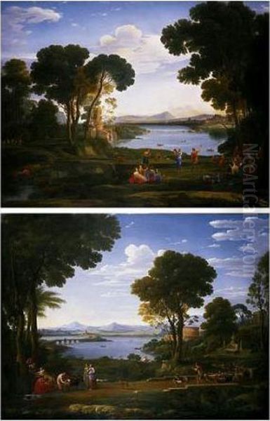 A Landscape With A Watermill And Dancing Figures Oil Painting by Hendrik Frans van Lint (Studio Lo)