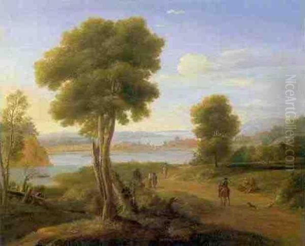 Figures In An Extensive Southern Landscape Oil Painting by Hendrik Frans van Lint (Studio Lo)