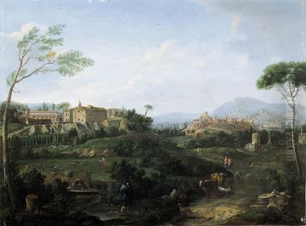 Capriccio Architettonico Con Due
 Borghi Laziali Ed Altri Edificisullo Sfondo, Con Greggi Ed Astanti Vari Oil Painting by Hendrik Frans van Lint (Studio Lo)